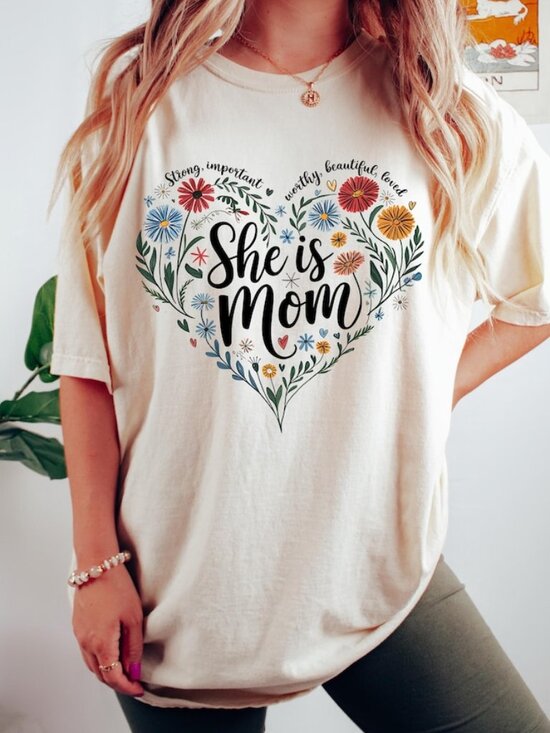 Tops - She Is Mom Heart Floral Design T-Shirt, Mother's Day Tee